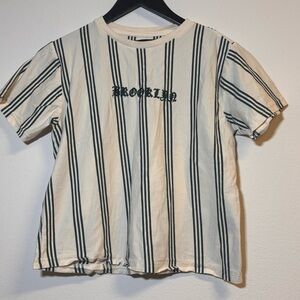 Brooklyn Striped Graphic Tee Cream Green Casual Shirt Size 14Y